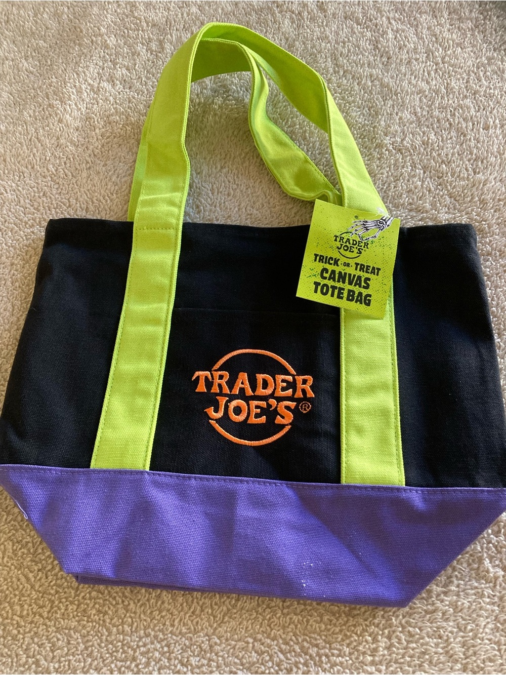 Trader Joe's Mini Halloween Black Canvas Tote with Lime Handles and Purple Base